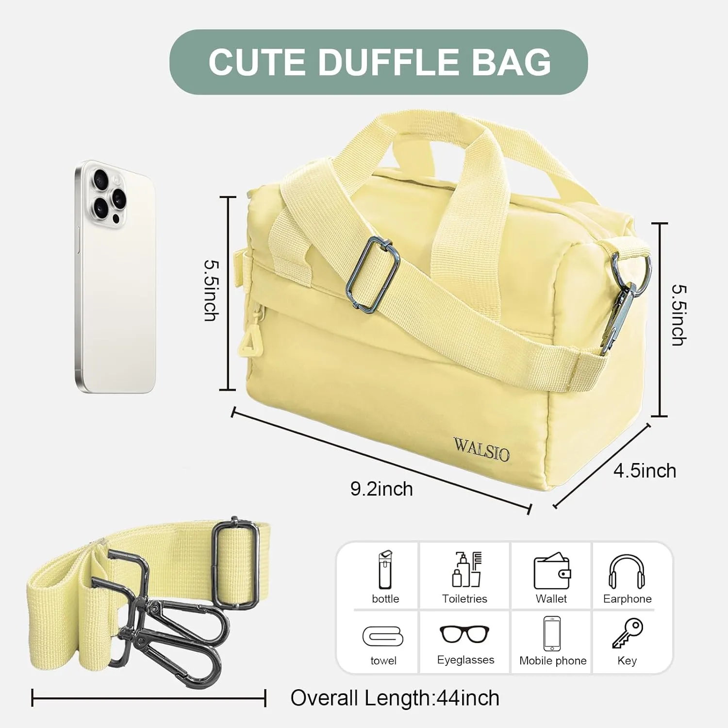 Small Gym Bag 9 inch, Mini Duffle Bag with Adjustable Strap, Lightweight Carry On Sport Bag for Women Girls (Light Yellow)