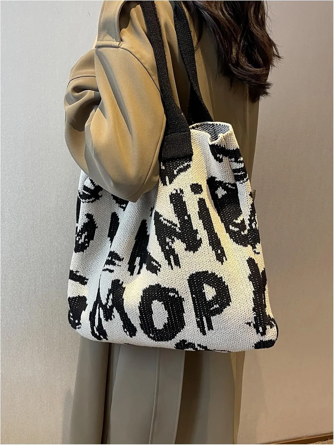 SweatyRocks Women's Letter Graphic Knitted Tote Bag Large Capacity Top Handle Shoulder Handbags