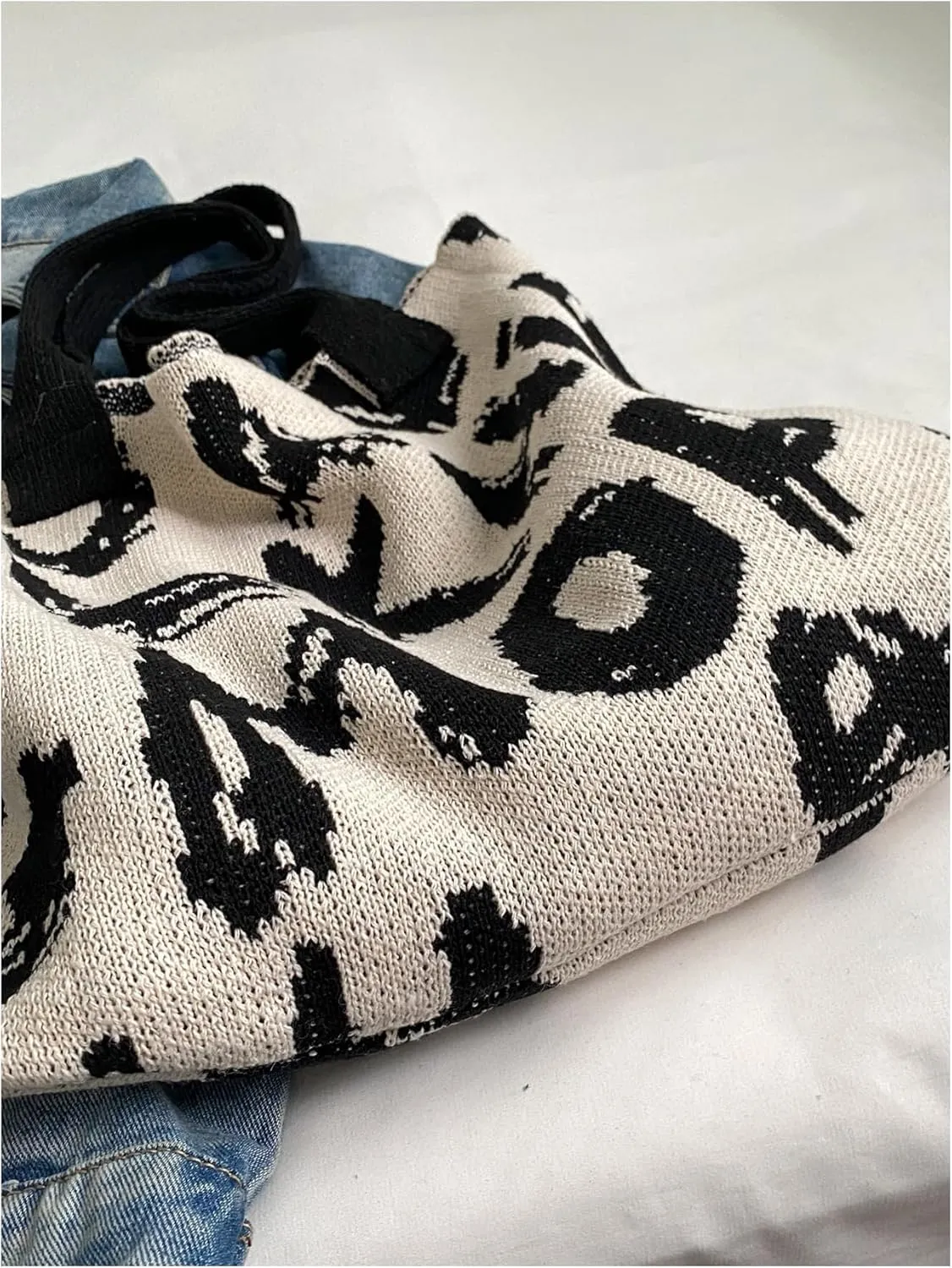 SweatyRocks Women's Letter Graphic Knitted Tote Bag Large Capacity Top Handle Shoulder Handbags
