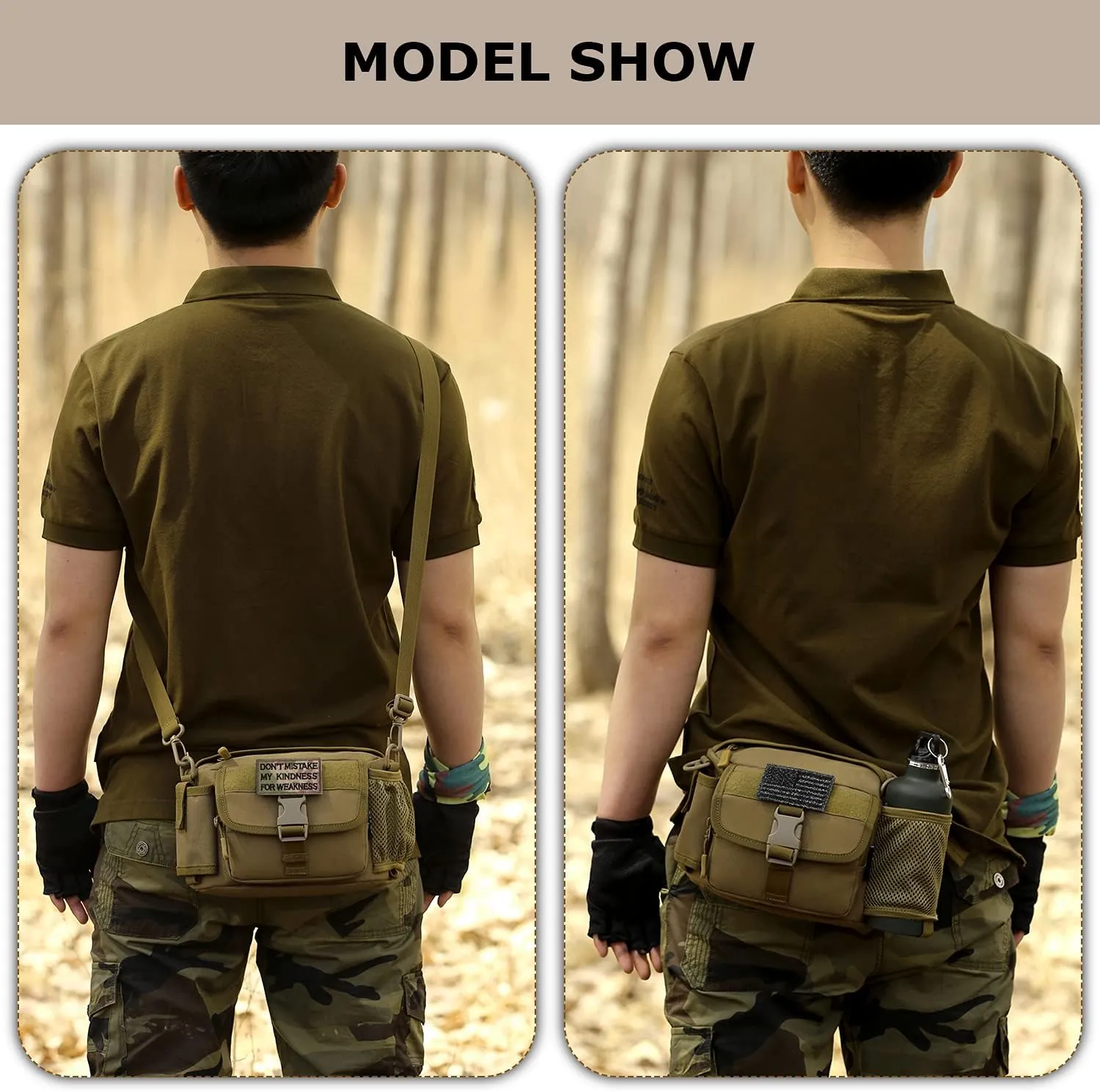 Tactical Fanny Pack with Mesh Water Bottle Holder Pouch Military Running Waist Bag Sling Hip Belt MOLLE Army Lumbar Gear Pocket (1 Patch Included), Black Camo