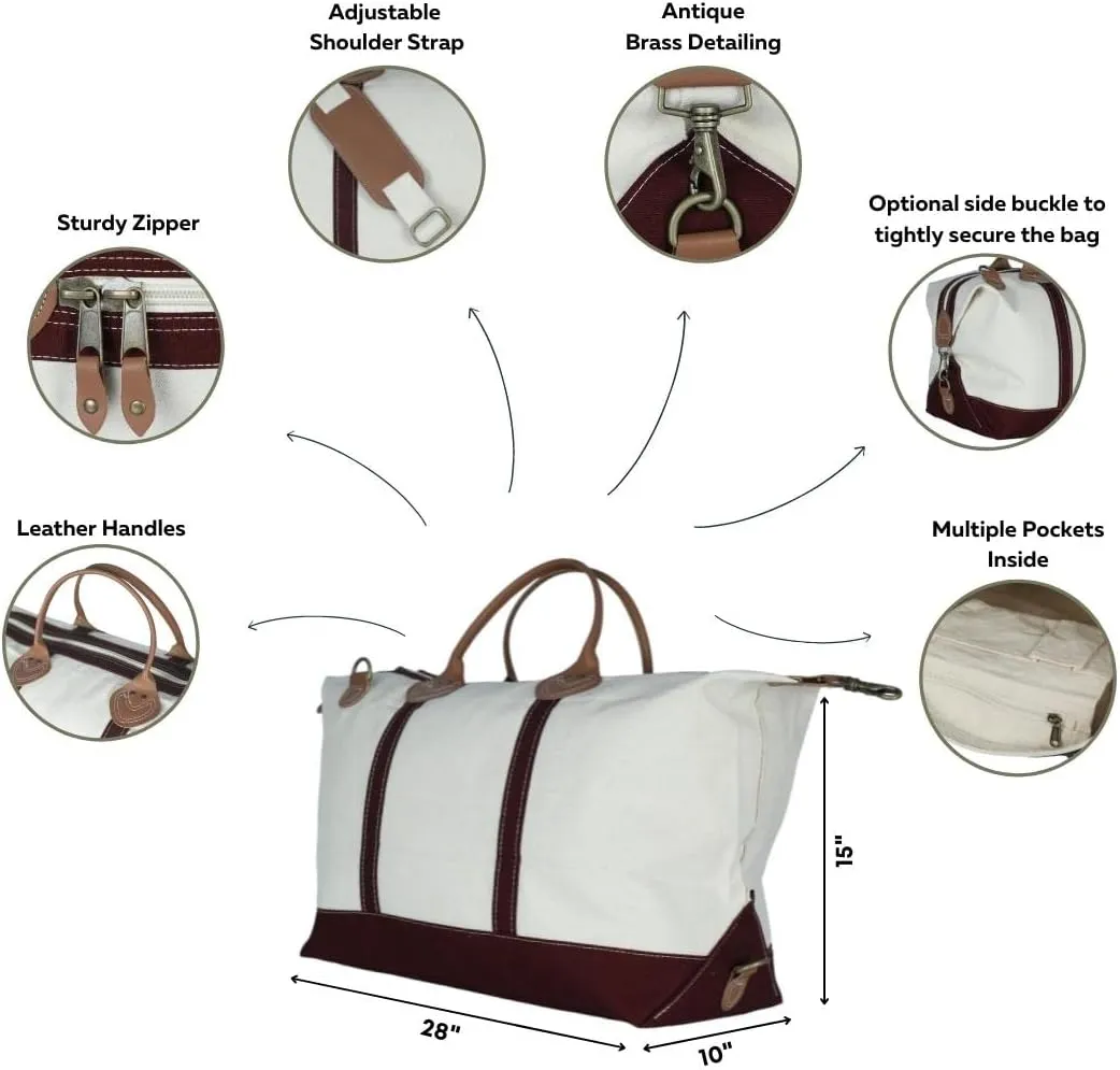 Tag&Crew Weekender Signature Duffle 20 Oz. Heavy Canvas Leather Handle Bag with Detachable Shoulder Strap Ideal for Overnight Travel Business Trip Vacations - Large, Maroon