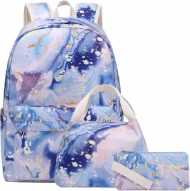 Teen Girls School Backpack with Matching Lunch Box Pencil Case Marble Bookbag Laptop for Middle School