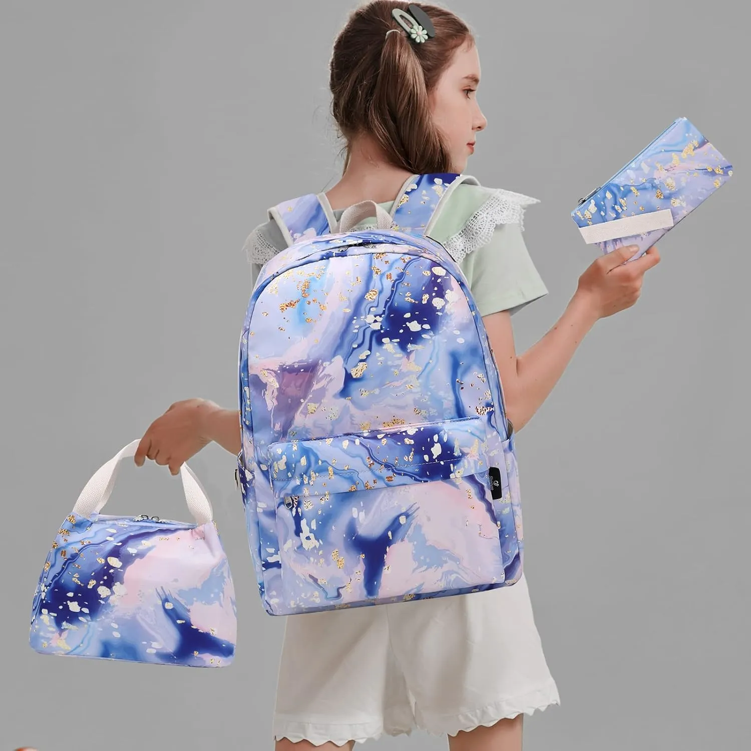 Teen Girls School Backpack with Matching Lunch Box Pencil Case Marble Bookbag Laptop for Middle School