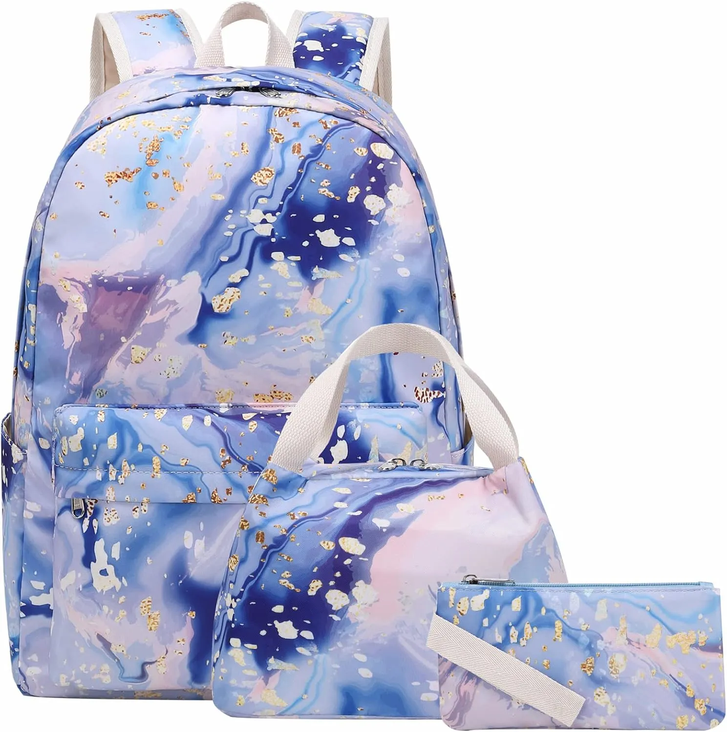 Teen Girls School Backpack with Matching Lunch Box Pencil Case Marble Bookbag Laptop for Middle School