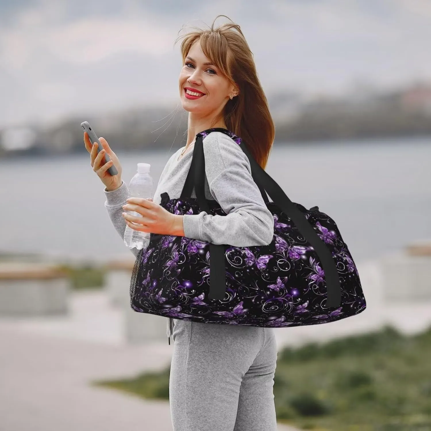 Travel Duffle Bag Purple Butterfly Weekender Overnight Bag for Women Boho Flower Butterflies Large Carry On Bag for Travel, Business Trips, Sports Aesthetic Cute Hippie Overnight Bag