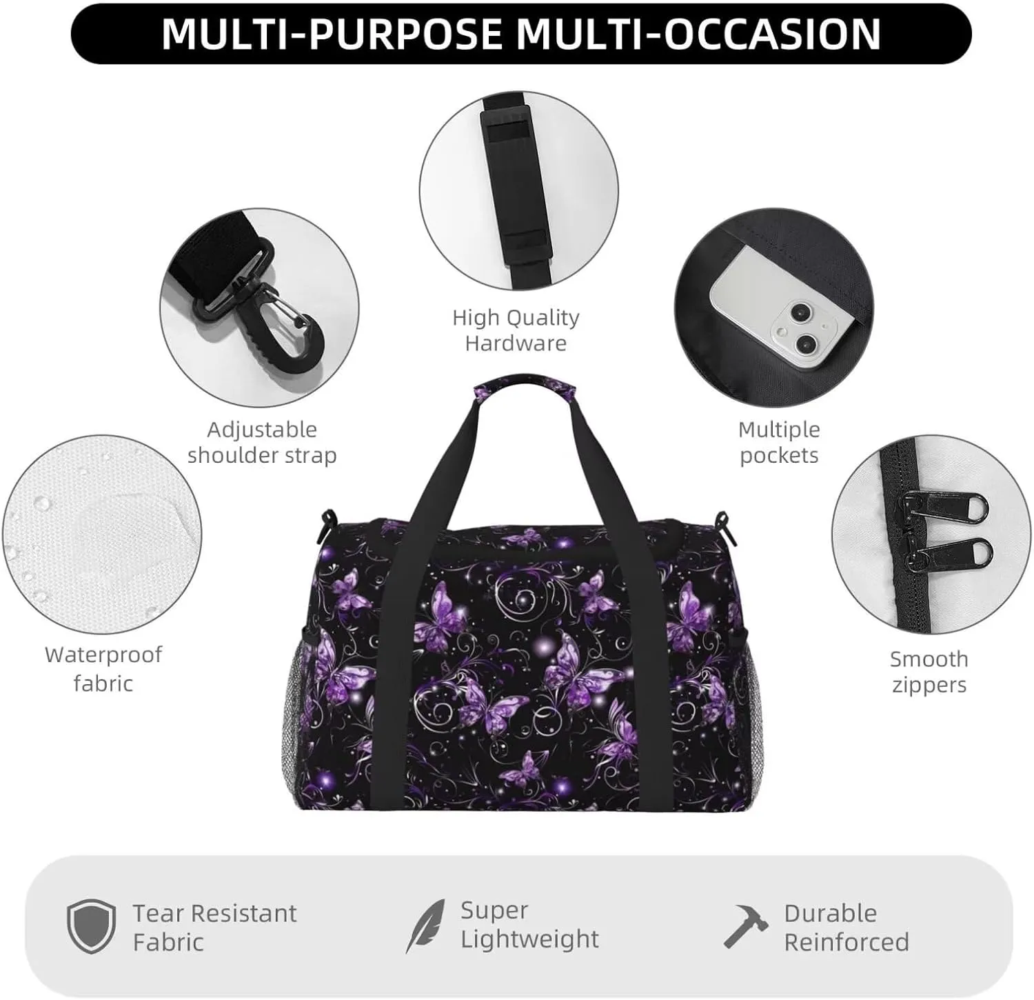 Travel Duffle Bag Purple Butterfly Weekender Overnight Bag for Women Boho Flower Butterflies Large Carry On Bag for Travel, Business Trips, Sports Aesthetic Cute Hippie Overnight Bag