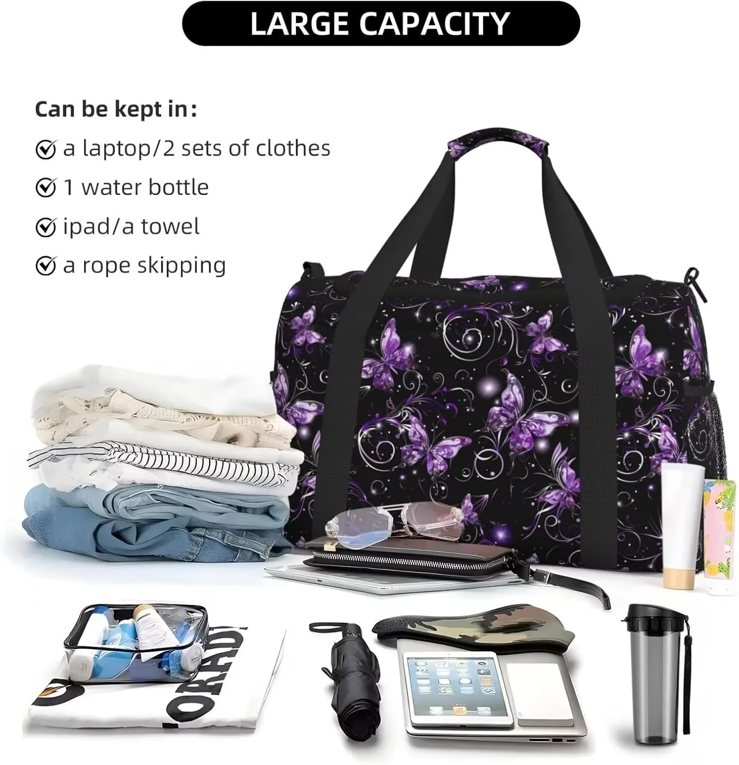 Travel Duffle Bag Purple Butterfly Weekender Overnight Bag for Women Boho Flower Butterflies Large Carry On Bag for Travel, Business Trips, Sports Aesthetic Cute Hippie Overnight Bag