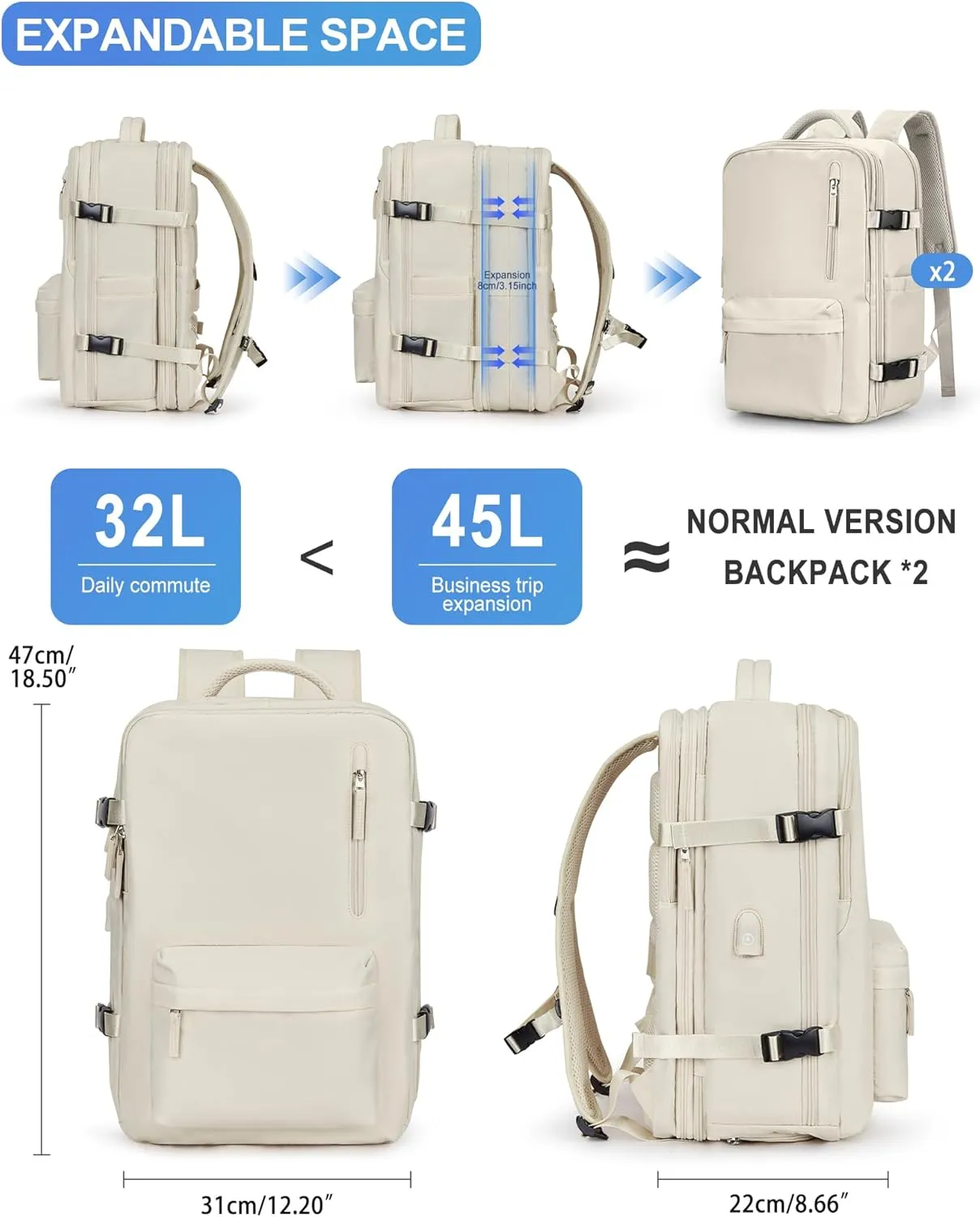 VGCUB Large Travel Backpack Bag for Women Men,Carry on Backpack,17 Inch Laptop Business Work Waterproof Backpack with Laptop Compartment,Person Item Flight Approved,Mochila de Viaje,Beige Expandable