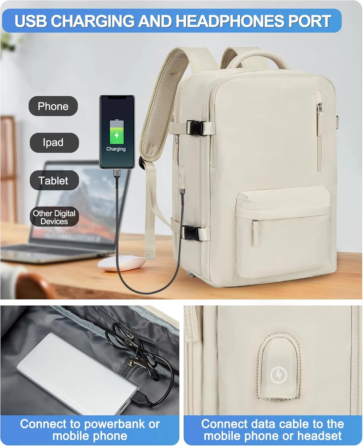 VGCUB Large Travel Backpack Bag for Women Men,Carry on Backpack,17 Inch Laptop Business Work Waterproof Backpack with Laptop Compartment,Person Item Flight Approved,Mochila de Viaje,Beige Expandable
