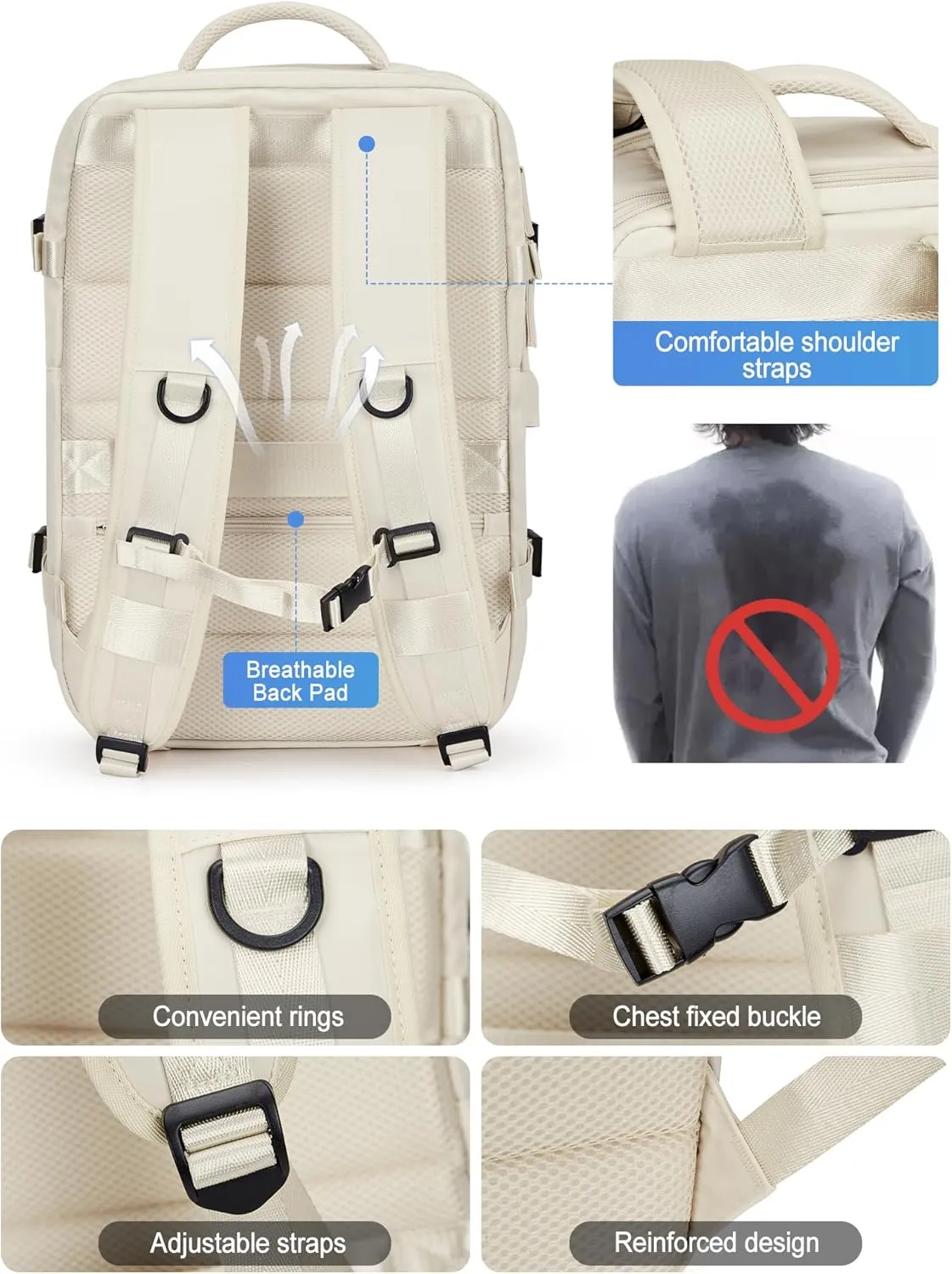 VGCUB Large Travel Backpack Bag for Women Men,Carry on Backpack,17 Inch Laptop Business Work Waterproof Backpack with Laptop Compartment,Person Item Flight Approved,Mochila de Viaje,Beige Expandable