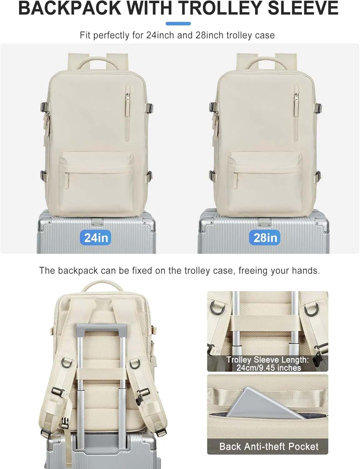 VGCUB Large Travel Backpack Bag for Women Men,Carry on Backpack,17 Inch Laptop Business Work Waterproof Backpack with Laptop Compartment,Person Item Flight Approved,Mochila de Viaje,Beige Expandable