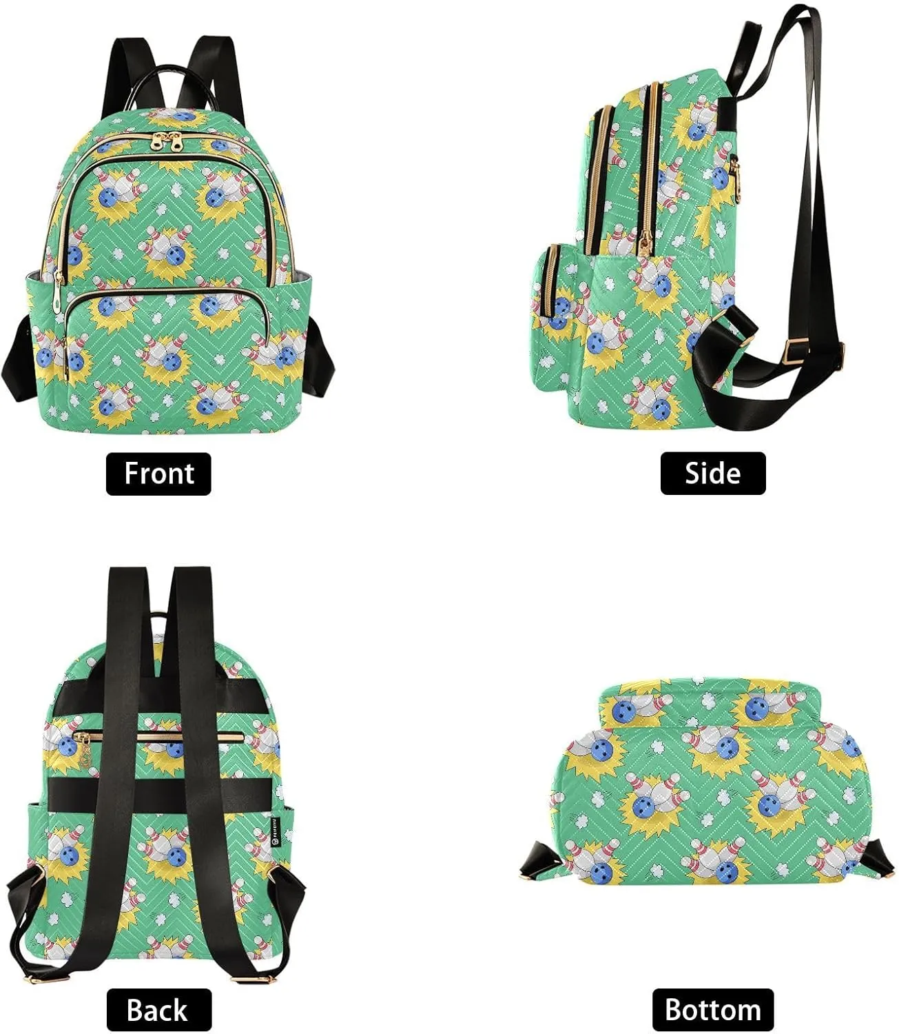 VIGTRO Women Fashion Backpack Quilted Mini Purse Bowling Doodles Pattern, Lightweight Travel Casual Shoulder Backpack with Adjustable Straps Size S