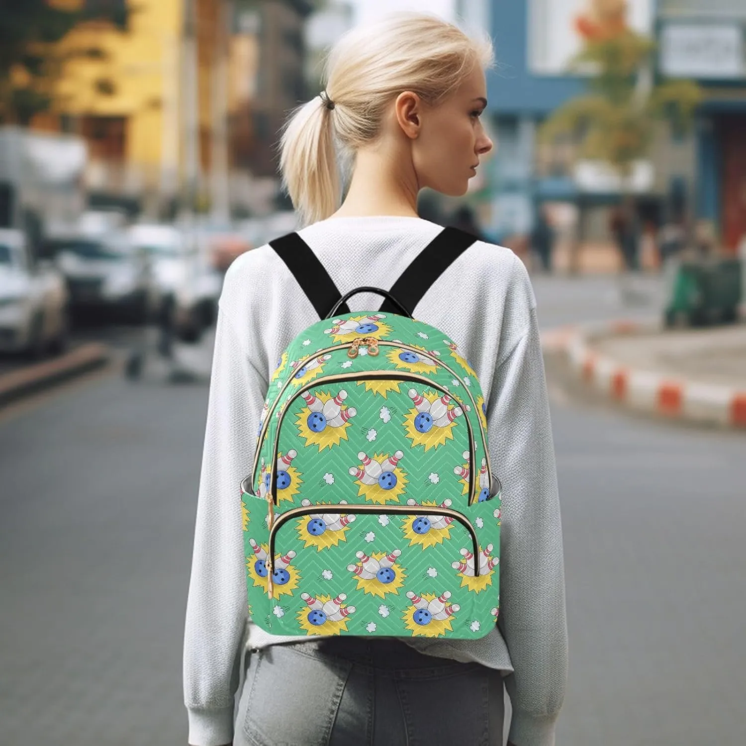 VIGTRO Women Fashion Backpack Quilted Mini Purse Bowling Doodles Pattern, Lightweight Travel Casual Shoulder Backpack with Adjustable Straps Size S