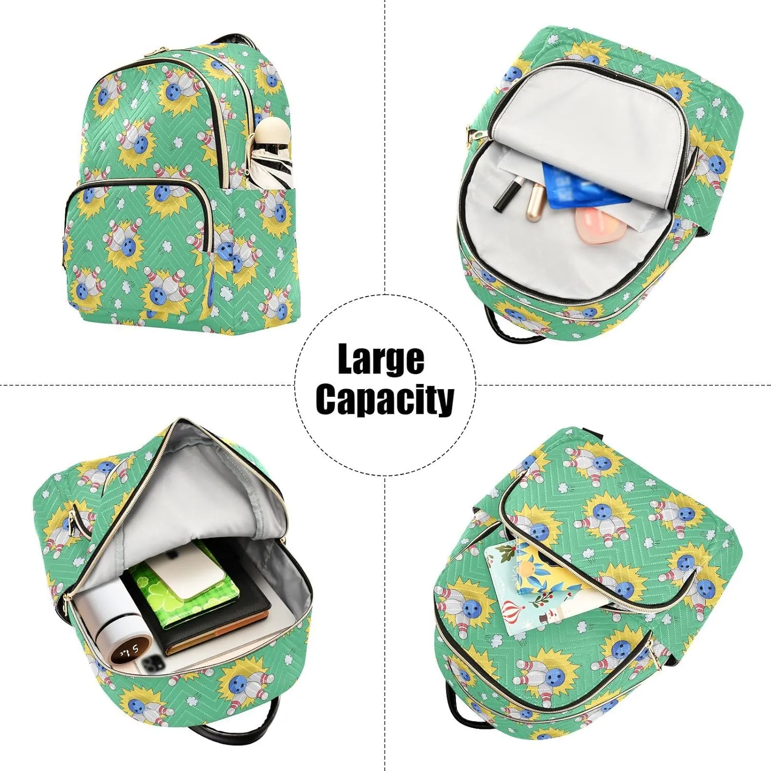 VIGTRO Women Fashion Backpack Quilted Mini Purse Bowling Doodles Pattern, Lightweight Travel Casual Shoulder Backpack with Adjustable Straps Size S