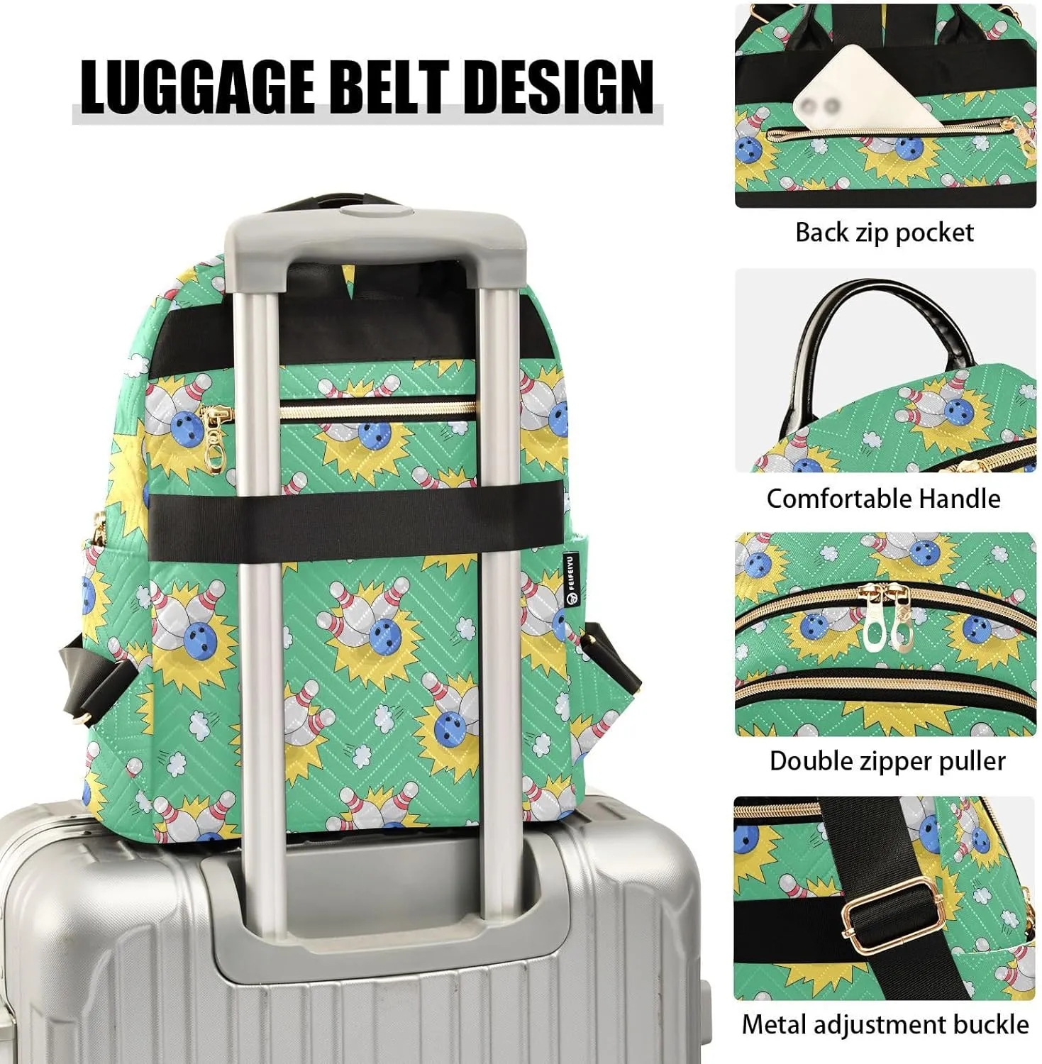 VIGTRO Women Fashion Backpack Quilted Mini Purse Bowling Doodles Pattern, Lightweight Travel Casual Shoulder Backpack with Adjustable Straps Size S