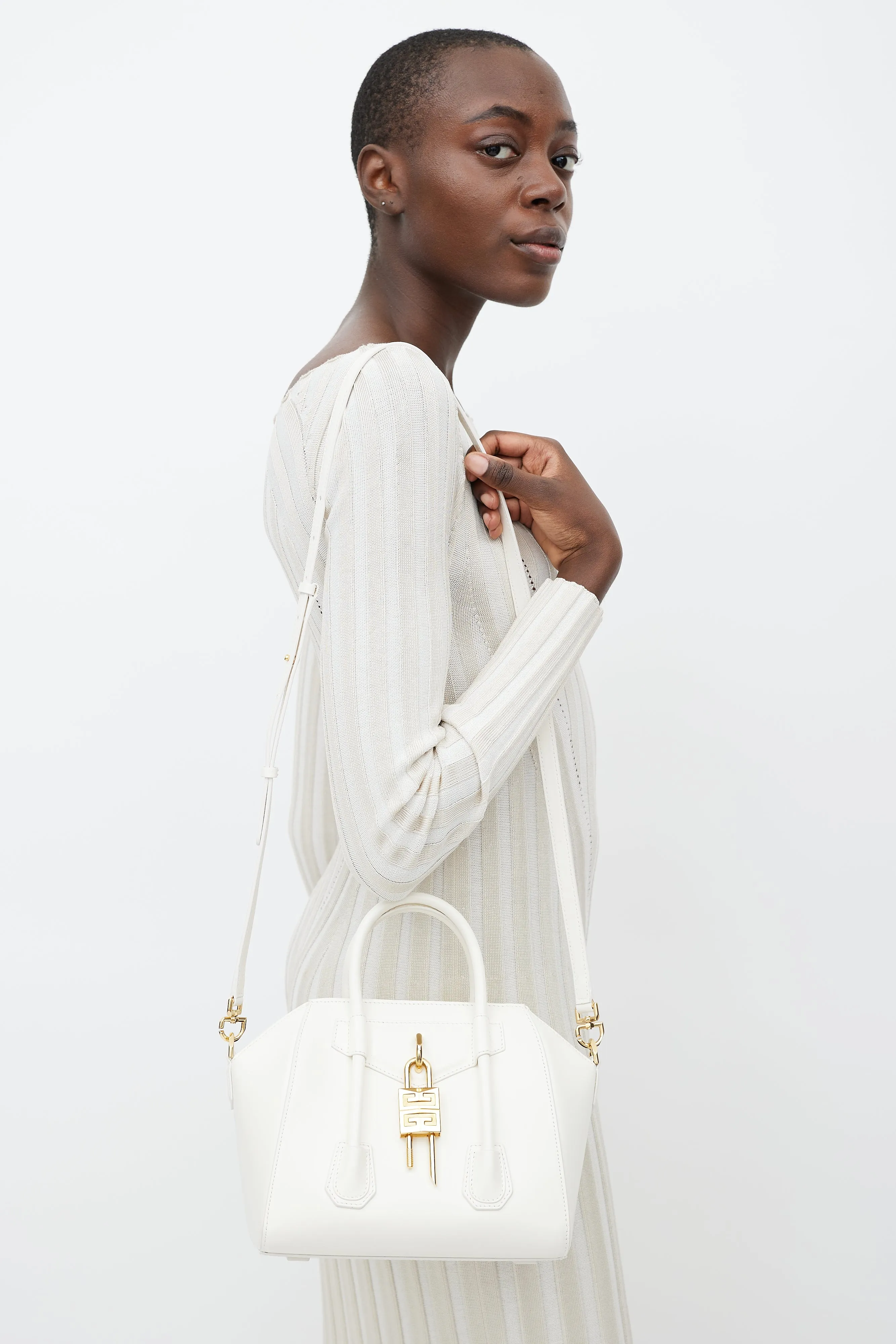 White & Gold Mini Antigona Lock Bag