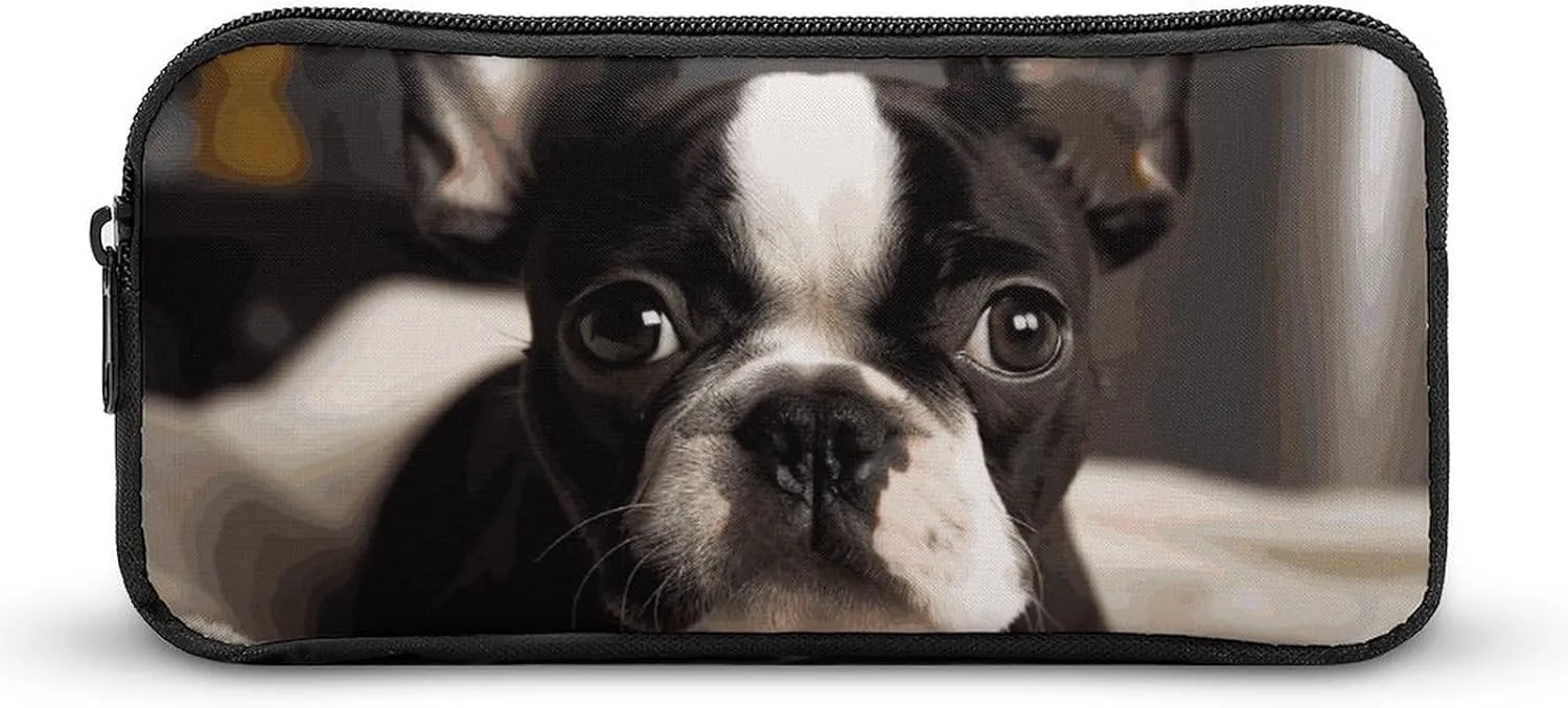 Wide Opening Pencil Case Large Capacity Pencil Pouch Cute Boston Terrier Pencil Bag Aesthetic Pen Bag Zipper Cosmetic Bag Portable Coin Pouch for Office Organizer