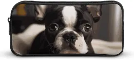 Wide Opening Pencil Case Large Capacity Pencil Pouch Cute Boston Terrier Pencil Bag Aesthetic Pen Bag Zipper Cosmetic Bag Portable Coin Pouch for Office Organizer