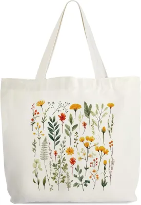 Wildflowers Totes for Women, Floral Canvas Tote, Spring Flowers Shopping Bag, Vintage Wild Flower Library Book Bag, Retro Botanical Shoulder Bags Gifts for Women Friends Sister Mom -74