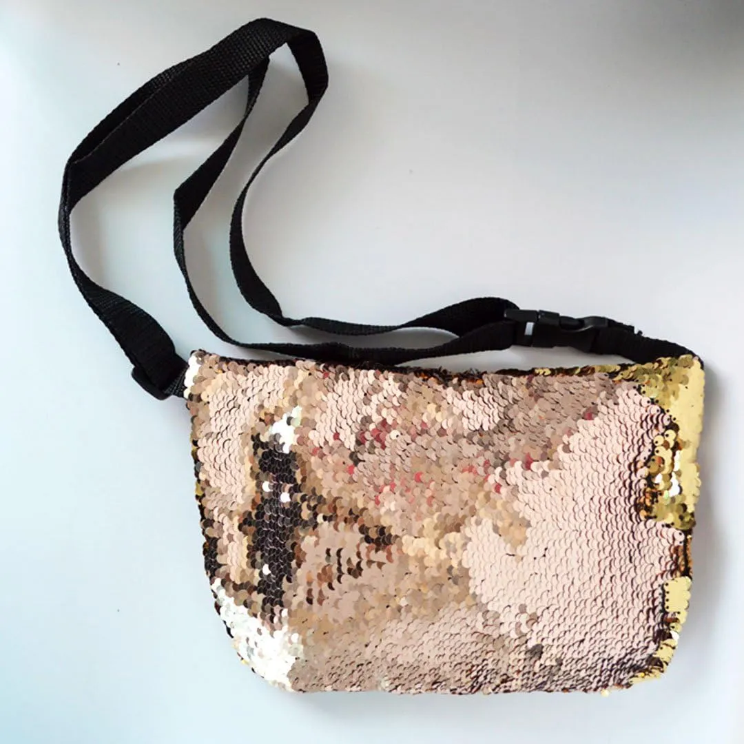 Women Men Glitter Mermaid Sequins Fanny Pack Contrast Color Rave Beach Waist Bag Chest Pack Corss-body Bag Purse Pouch Champagne Gold