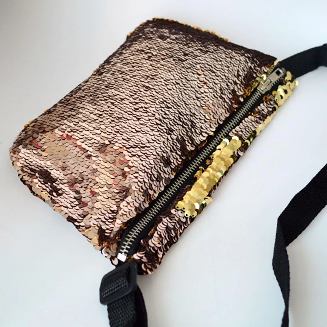 Women Men Glitter Mermaid Sequins Fanny Pack Contrast Color Rave Beach Waist Bag Chest Pack Corss-body Bag Purse Pouch Champagne Gold