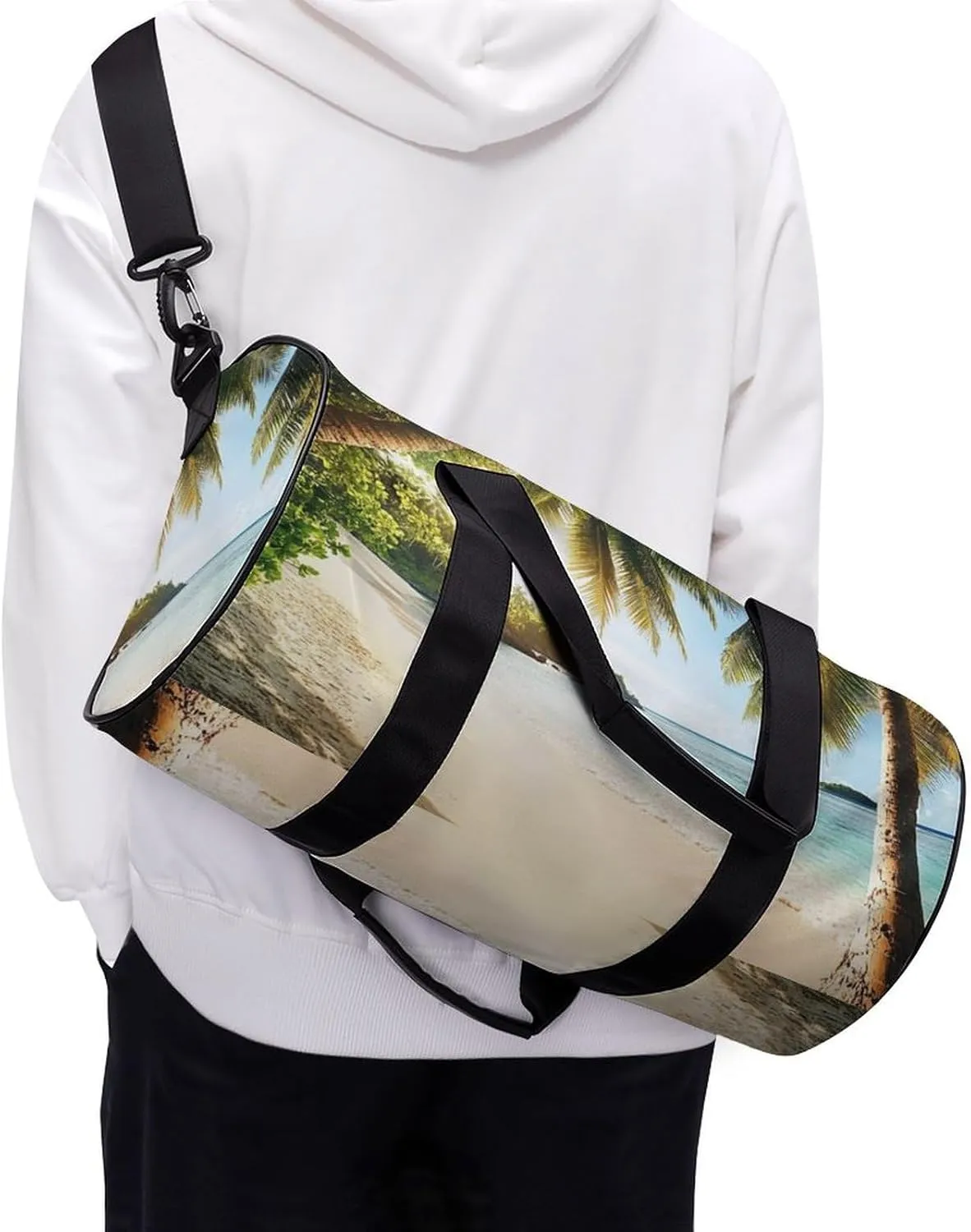 Womens Sports Gym Bag Nature Clouds Sky Summer Sand Trees Ocean Sea Beach Overnight Duffel Bag with Pocket Portable Waterproof Travel Fitness Handbag