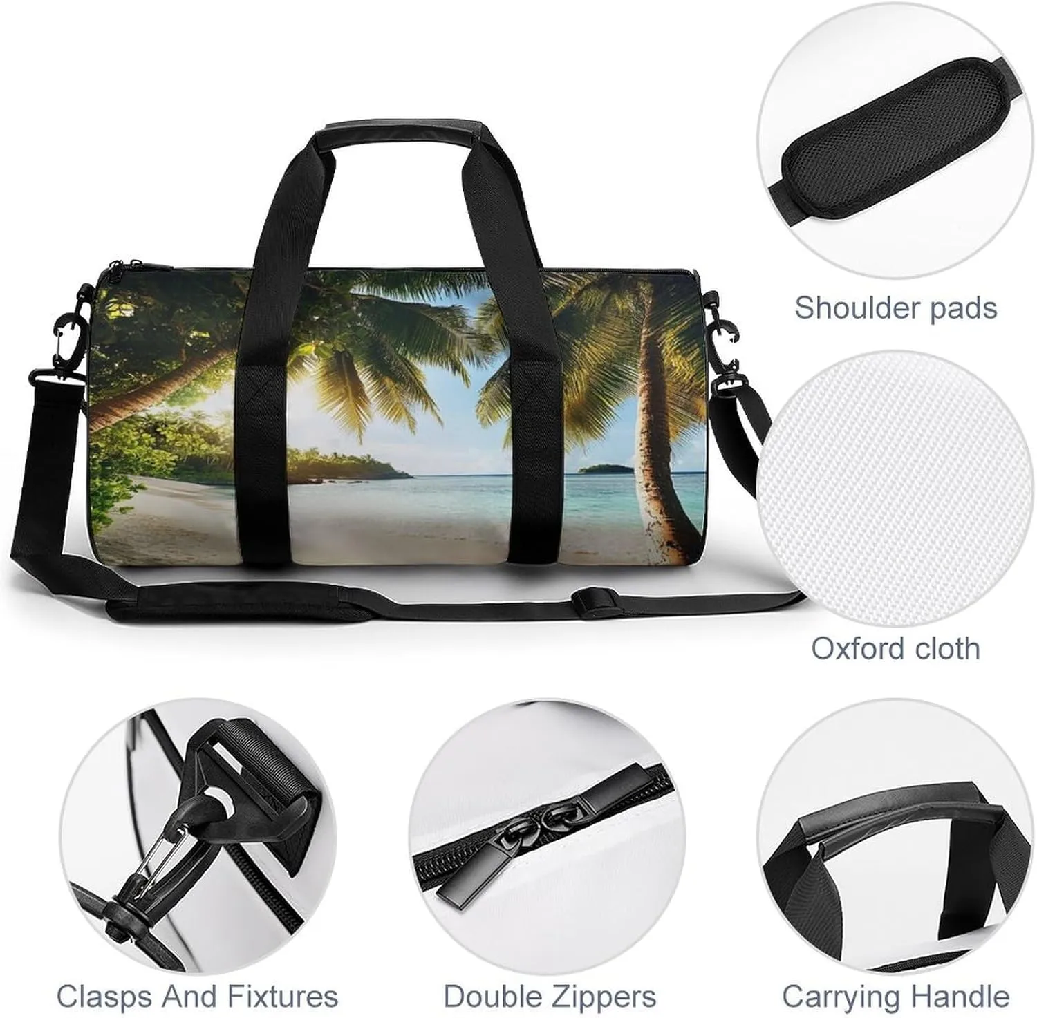 Womens Sports Gym Bag Nature Clouds Sky Summer Sand Trees Ocean Sea Beach Overnight Duffel Bag with Pocket Portable Waterproof Travel Fitness Handbag