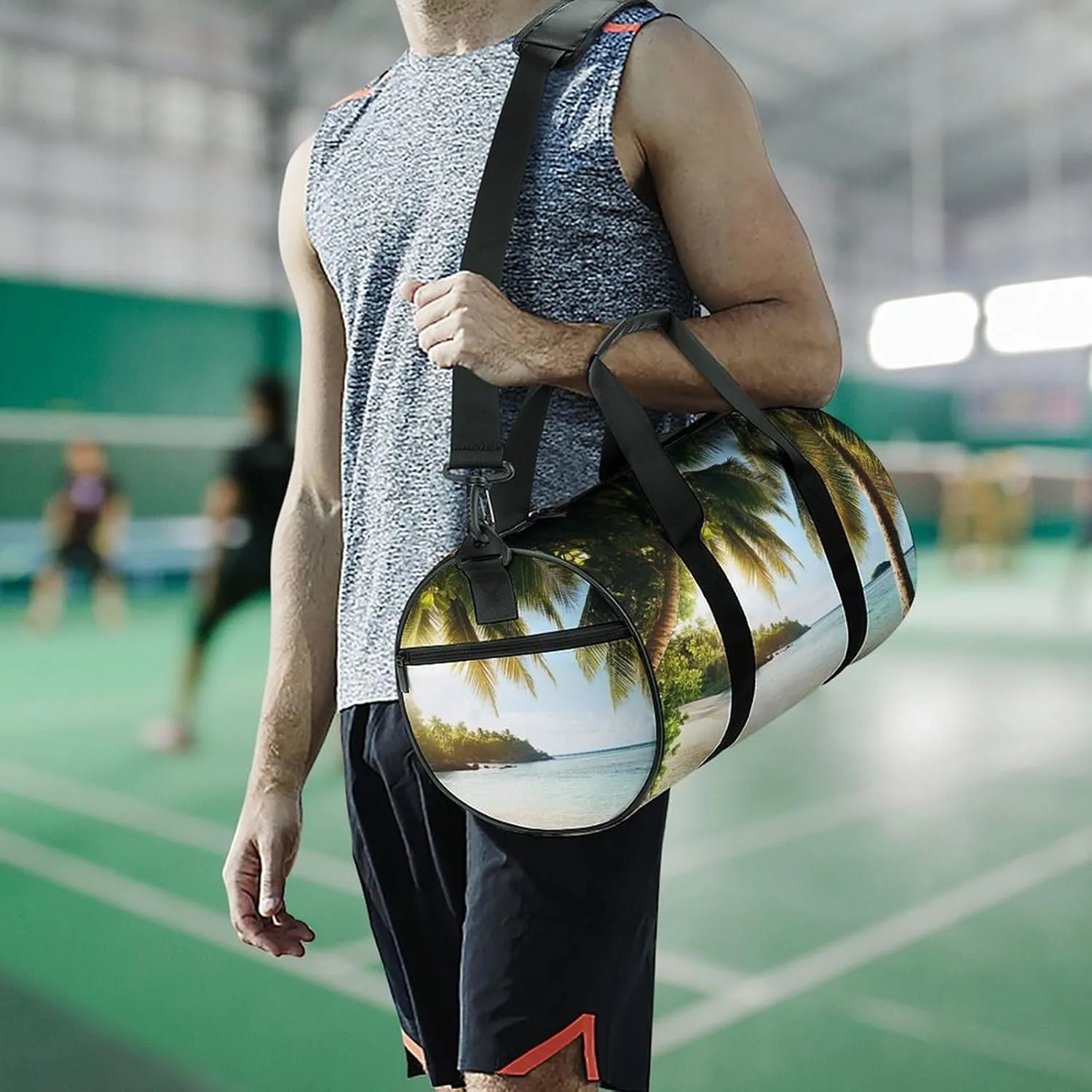 Womens Sports Gym Bag Nature Clouds Sky Summer Sand Trees Ocean Sea Beach Overnight Duffel Bag with Pocket Portable Waterproof Travel Fitness Handbag