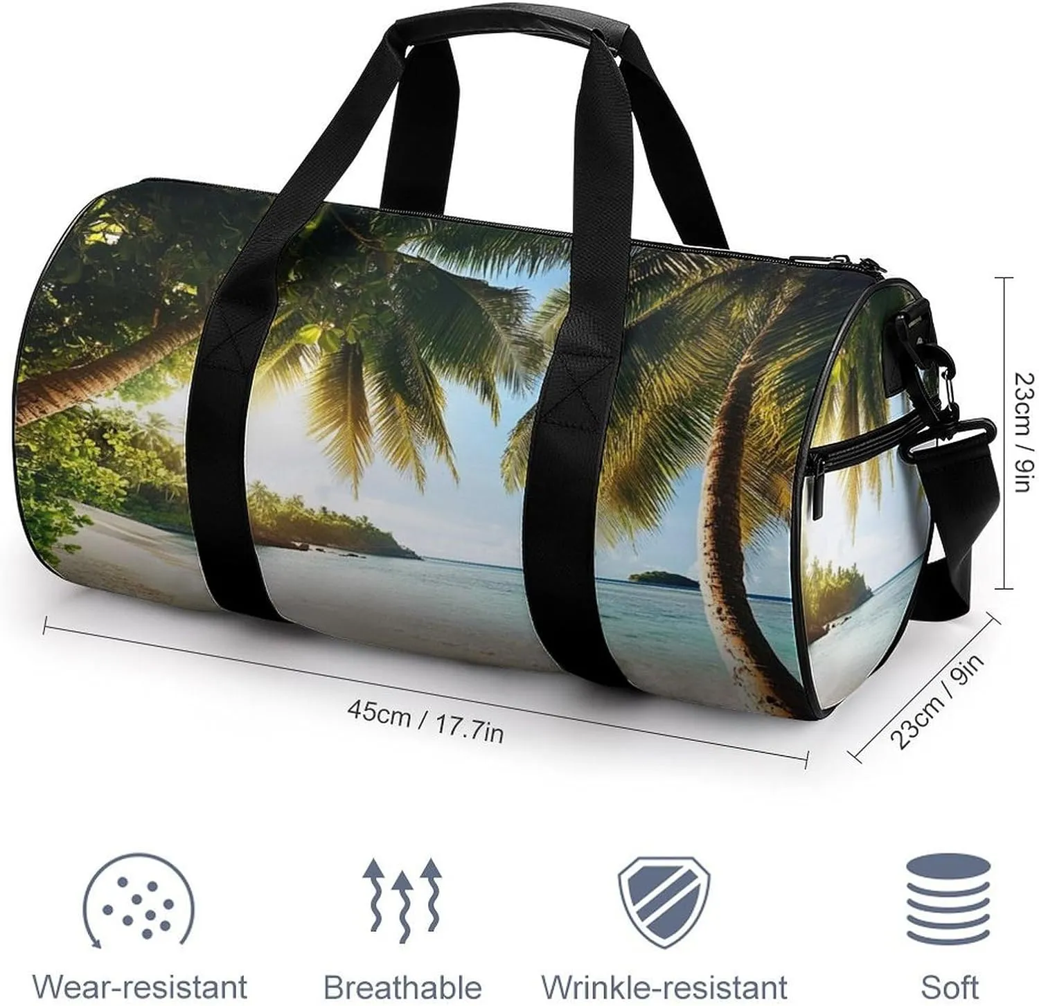 Womens Sports Gym Bag Nature Clouds Sky Summer Sand Trees Ocean Sea Beach Overnight Duffel Bag with Pocket Portable Waterproof Travel Fitness Handbag