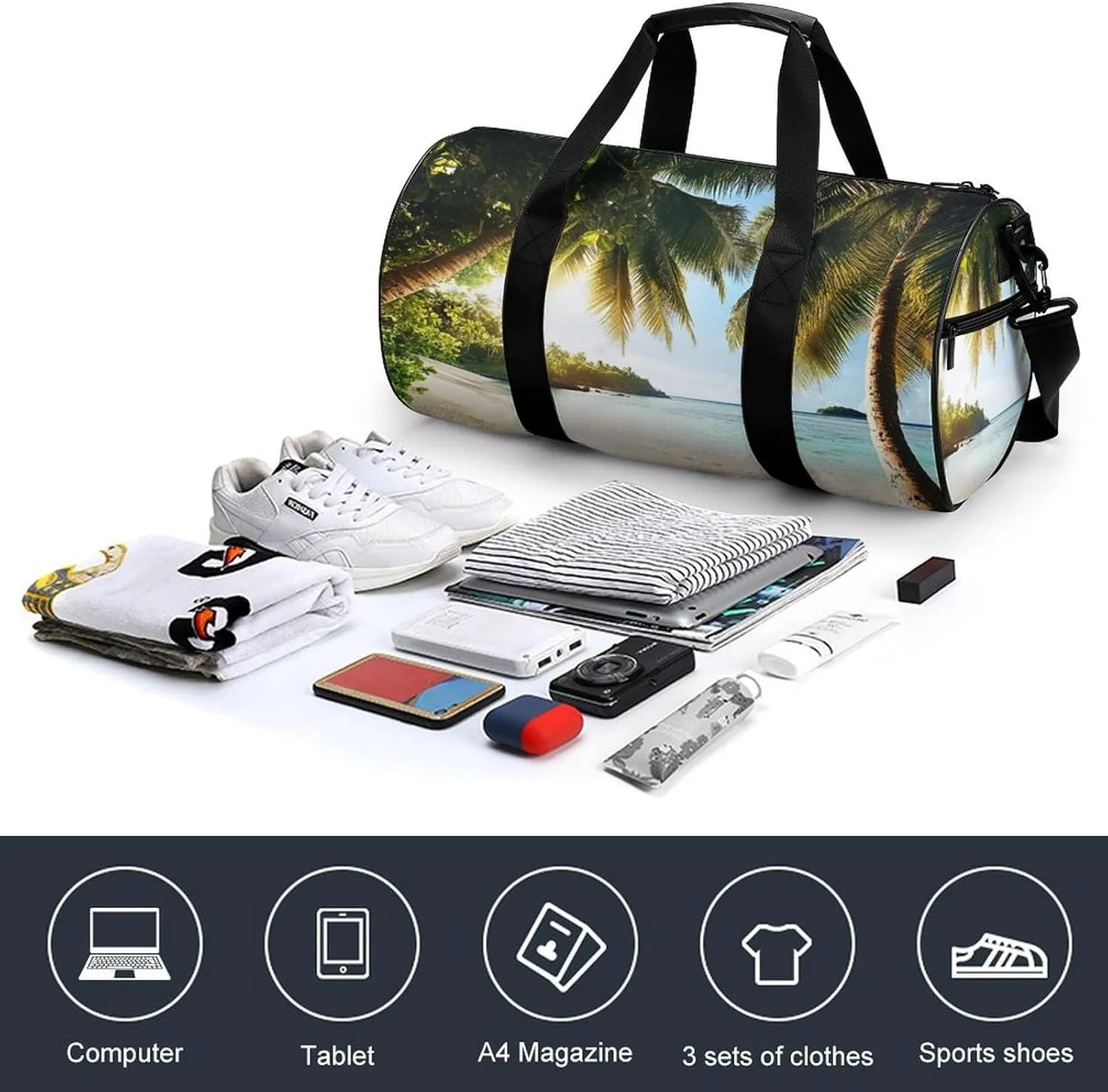 Womens Sports Gym Bag Nature Clouds Sky Summer Sand Trees Ocean Sea Beach Overnight Duffel Bag with Pocket Portable Waterproof Travel Fitness Handbag